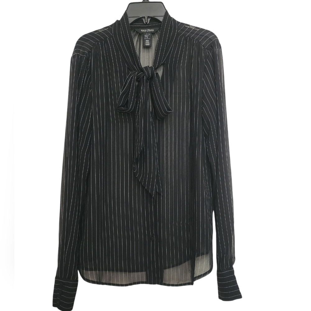 WHBM Black Stripe long sleeved sheer button front tie neck blouse SZ 4